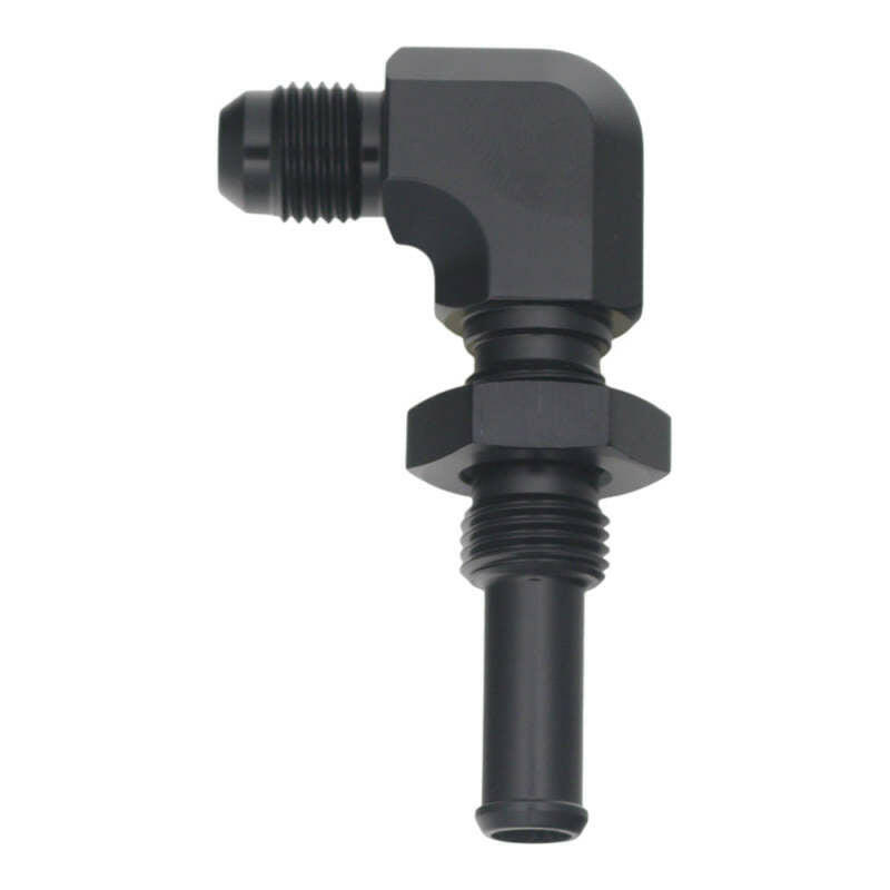 DeatschWerks 6AN Male Flare to 90-Degree 3/8in Single Hose Barb - Anodized Matte Black Fittings DeatschWerks