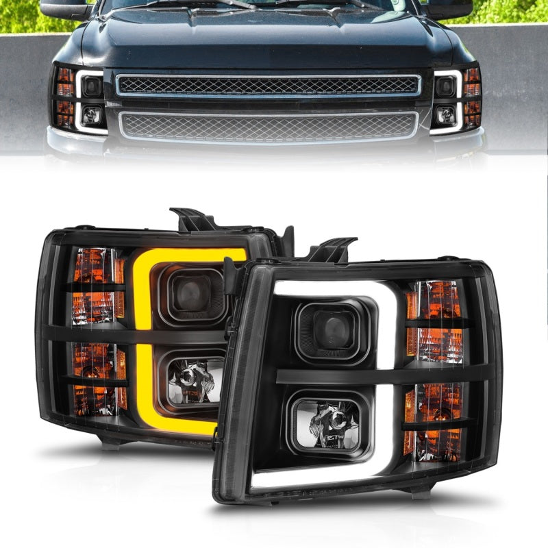 ANZO 2007-2013 Chevrolet Silverado 1500 Projector w/ Light Bar Black Housing w/ Sequential Headlights ANZO
