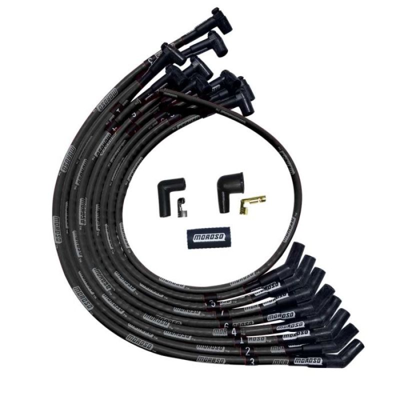 Moroso SBC Over Valve Cover 135 Deg Plug HEI Sleeved Ultra Spark Plug Wire Set - Black Spark Plug Wire Sets Moroso