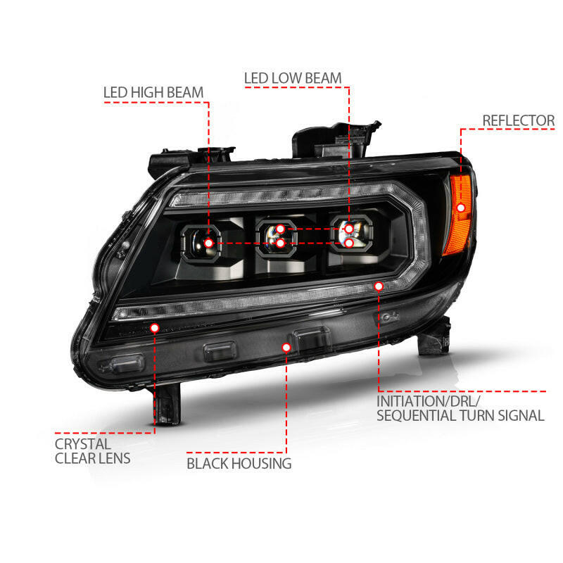 ANZO 15-22 Chevy Colorado Blk Housing Full LED DRL Projector Headlight w/ Sequential Light Bar Headlights ANZO