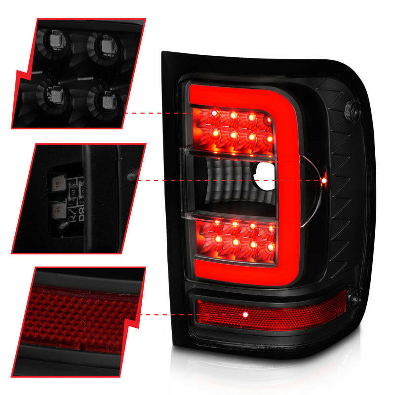 ANZO 01-11 Ford Ranger LED Taillights - Black Housing w/ Smoke Lens & Light Bar Tail Lights ANZO