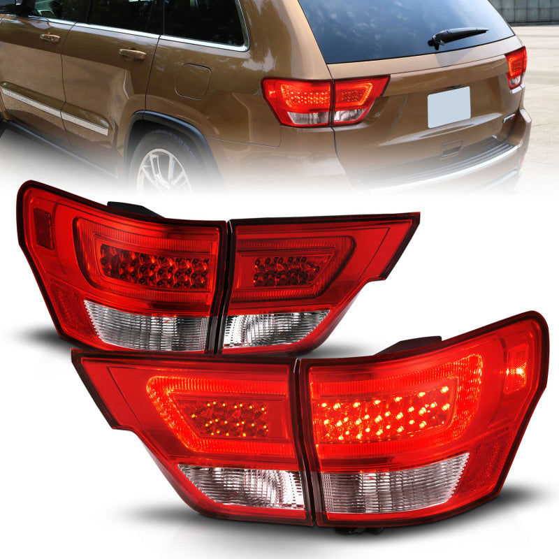 ANZO 11-13 Jeep Grand Cherokee LED Taillights w/ Lightbar Chrome Housing Red/Clear Lens 4pcs Tail Lights ANZO