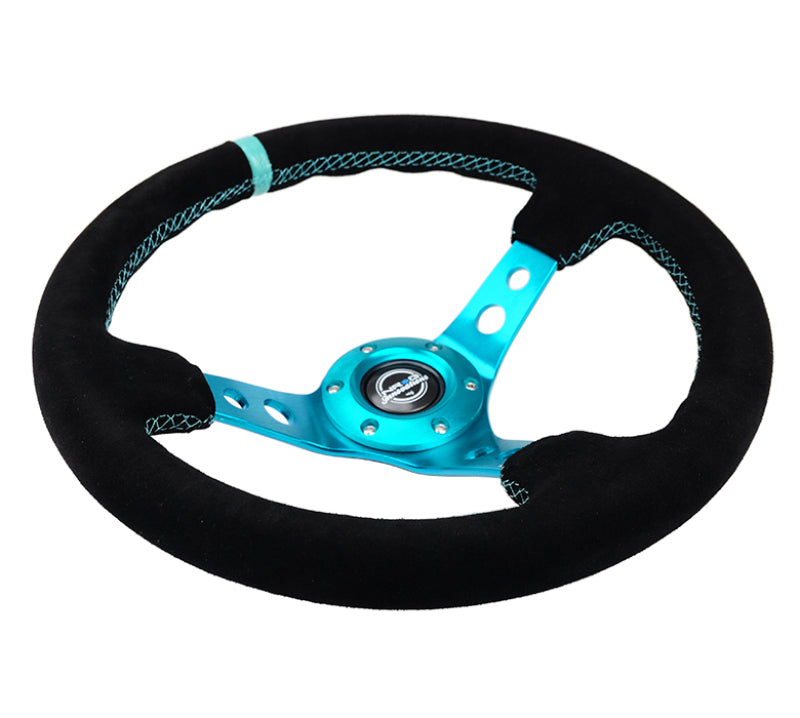 NRG Reinforced Steering Wheel (350mm/ 3in. Deep) Black Suede/ Teal Center Mark/ Teal Stitching Steering Wheels NRG