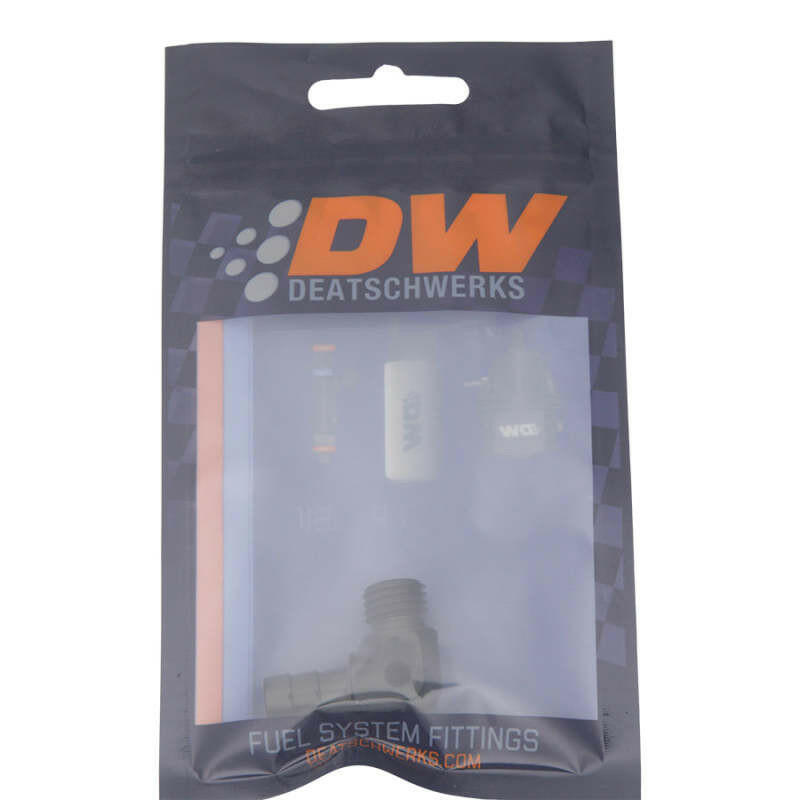 DeatschWerks Metric M12 to 3/8in Hose Barb 90-Degree Fitting w/ Venturi Port - Anodized Matte Black Fittings DeatschWerks