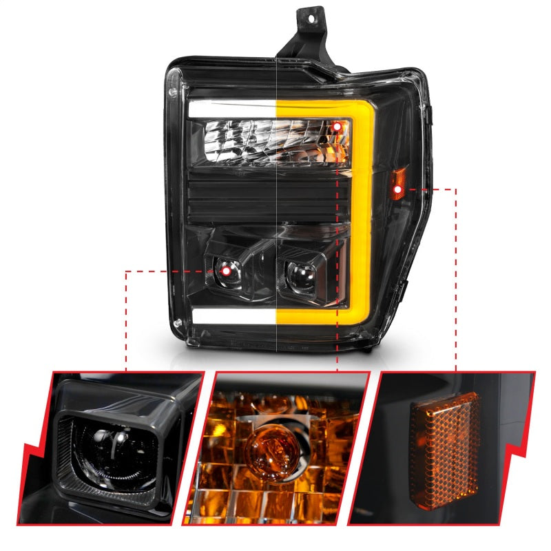 ANZO 08-10 Ford F-250 - F-550 Super Duty Projector Headlights w/ Light Bar Switchback Black Housing Headlights ANZO
