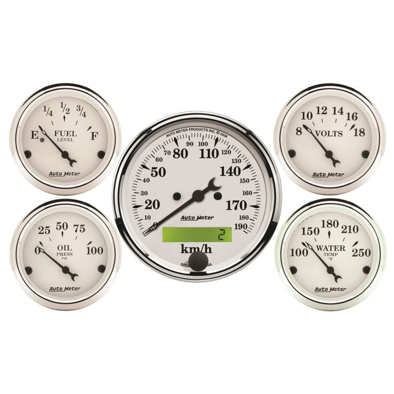 Autometer Old Tyme White 5 Pc Kit-Elec Speed(Km/H)/Elec Oil Press/Water Temp/Volt/Fuel Level Gauges AutoMeter