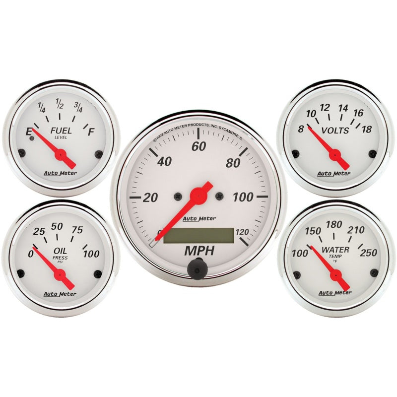 Autometer Arctic White 5 Pc Kit Box w/ Elec Speedo, Elec Oil Press, Water Temp, Volt, Fuel Level Gauges AutoMeter