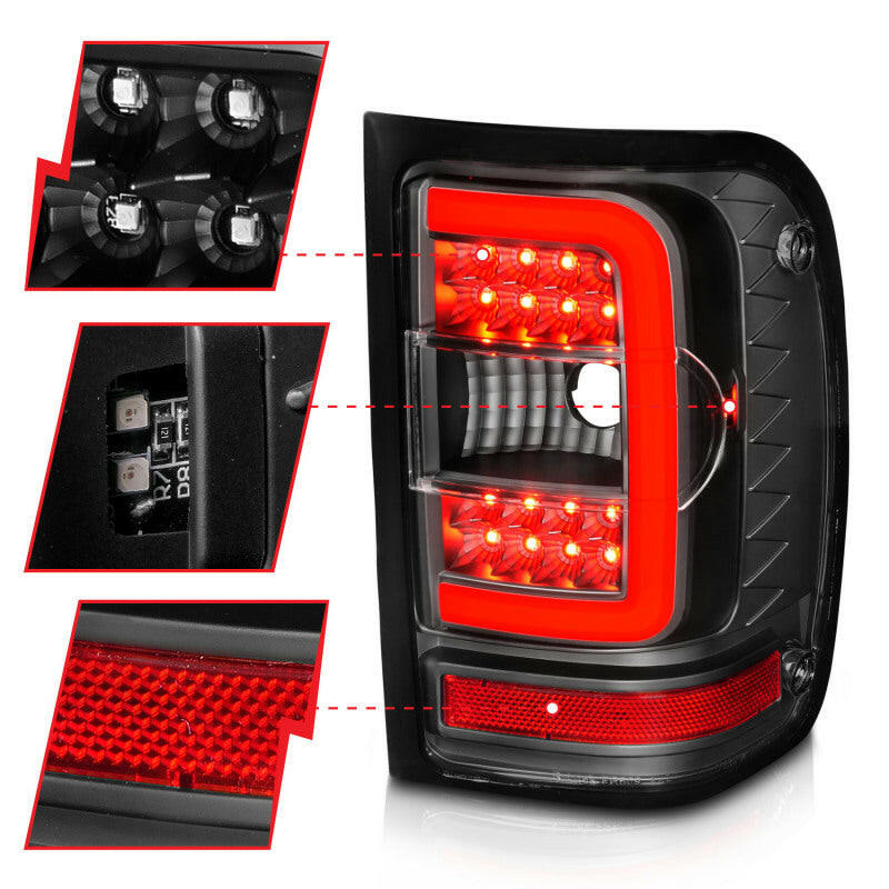 ANZO 2001-2011 Ford Ranger LED Tail Lights w/ Light Bar Black Housing Clear Lens Tail Lights ANZO