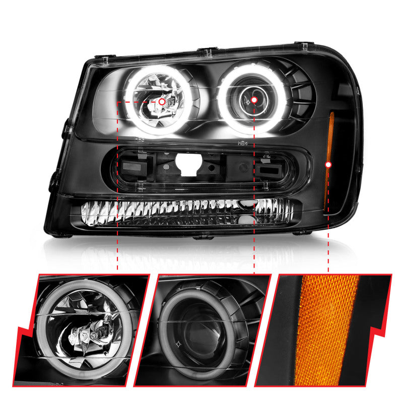 ANZO 02-09 Chevrolet Trailblazer (Will Not Fit 06-09 LT) Projector Headlights w/Halo Black Housing Headlights ANZO