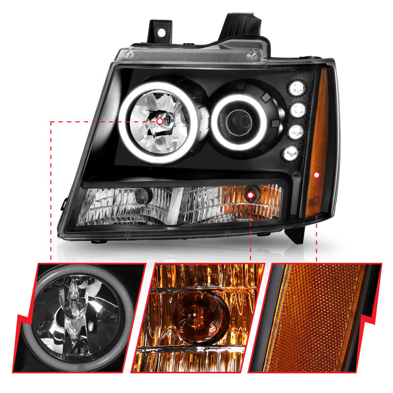 ANZO 2007-2013 Chevrolet Avalanche Projector Headlights w/ Halo Black (CCFL) Headlights ANZO