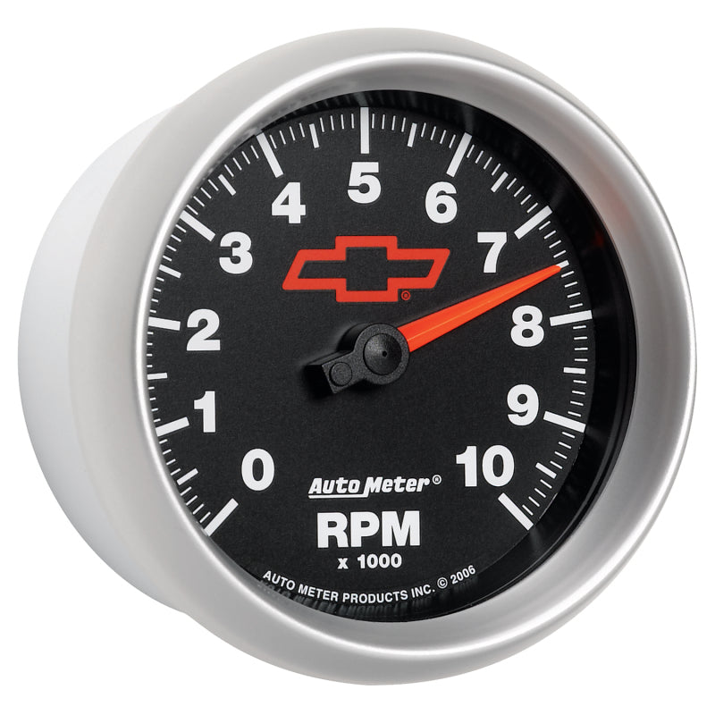 AutoMeter Gauge Tachometer 3-3/8in. 10K RPM In-Dash Chevy Red Bowtie Black Gauges AutoMeter