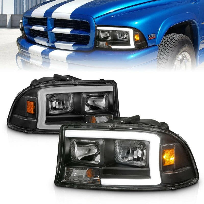 ANZO 97-04 Dodge Dakota/Durango Crystal headlight Set w/ Light Bar Black Housing Headlights ANZO