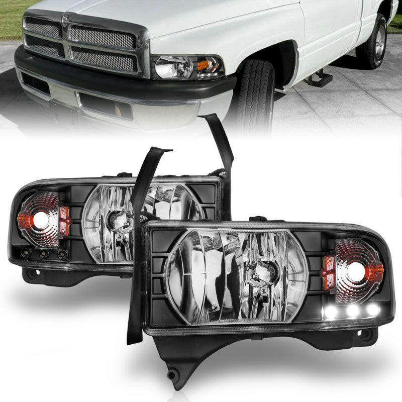 ANZO 1994-2001 Dodge Ram Crystal Headlights Black w/ LED Headlights ANZO