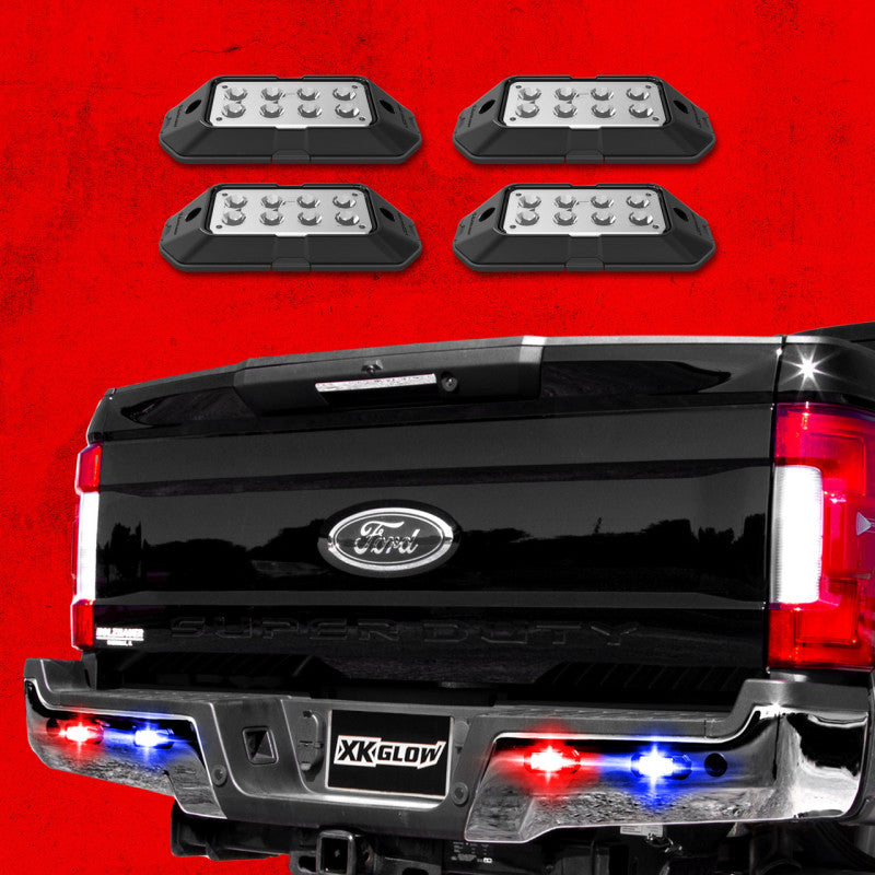 XK Glow Strobe Pod Lights w/ Traffic Modes Ultra LEDs Multiple Modes + Solid On - Red + Blue 4pc Light Bars & Cubes XKGLOW