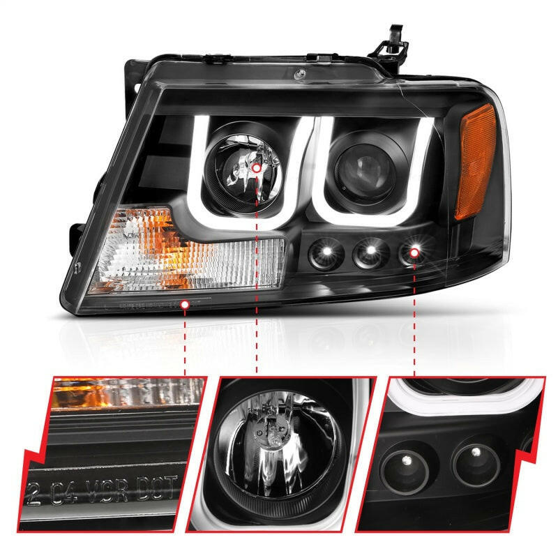 ANZO 2004-2008 Ford F-150 Projector Headlights w/ U-Bar Black Headlights ANZO