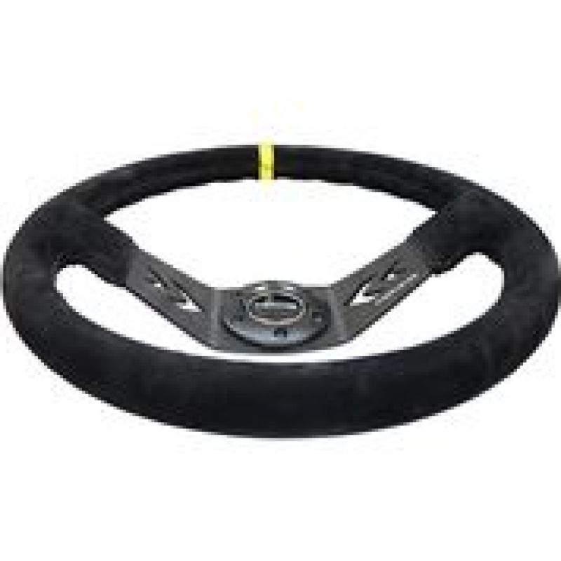 NRG Reinforced Steering Wheel (350mm / 3in. Deep) Blk Suede w/NRG Arrow Cut 2-Spoke & Yellow Mark Steering Wheels NRG