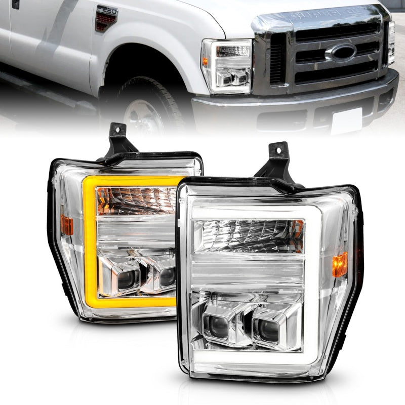 ANZO 08-10 Ford F-250 - F-550 Super Duty Projector Headlights w/ Light Bar Switchback Chrome Housing Headlights ANZO