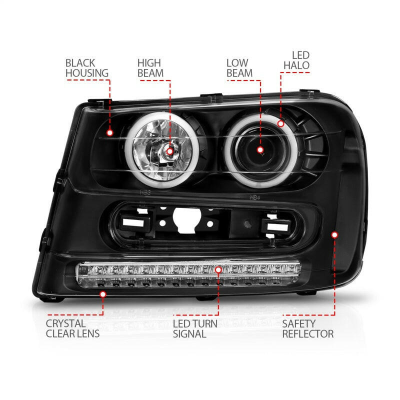 ANZO 2002-2009 Chevrolet Trailblazer Projector Headlights w/ Halo Black Headlights ANZO