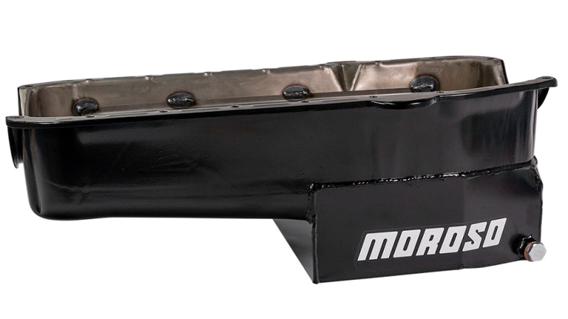 Moroso 80-85 Chevrolet SBC(w/Passenger Side Dipstick) Wet Sump 7qt 7.5in Steel Oil Pan - Black Oil Pans Moroso