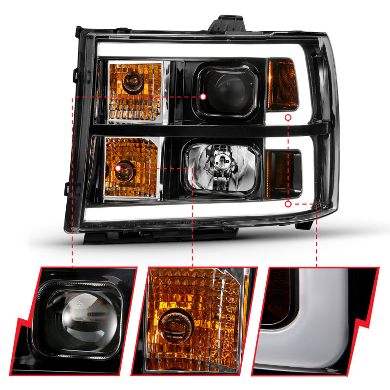 ANZO 2007-2013 GMC Sierra 1500 Projector Headlight Plank Style Black w/ Clear Lens Amber Headlights ANZO