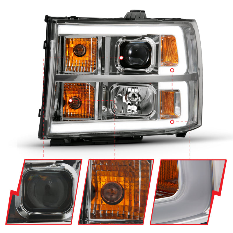 ANZO 2007-2013 GMC Sierra 1500 Projector Headlight Plank Style Chrome w/ Clear Lens Amber Headlights ANZO