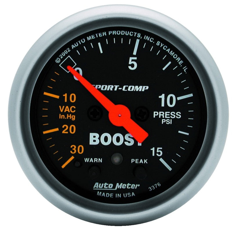 Autometer Sport-Comp 52mm Electronic Full Sweep 30 In Hg.-Vac./15 PSI Boost Gauge Gauges AutoMeter