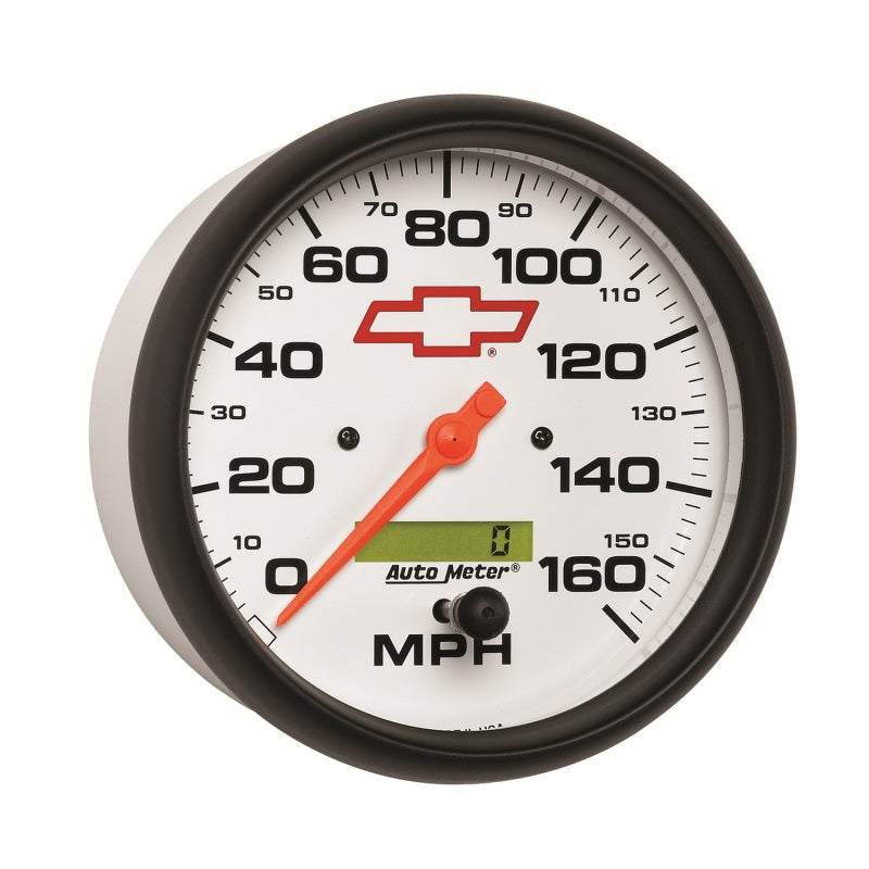 AutoMeter Gauge Speedometer 5in. 160MPH Elec. Programmable Chevy Red Bowtie White Gauges AutoMeter