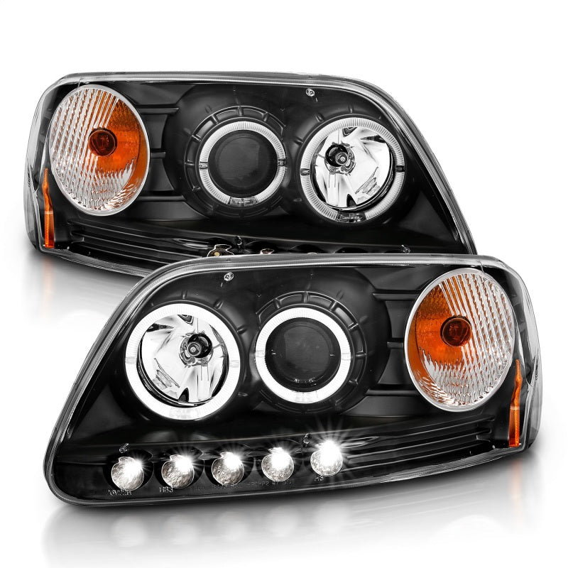 ANZO 1997.5-2003 Ford F-150 Projector Headlights w/ Halo and LED Black 1pc Headlights ANZO