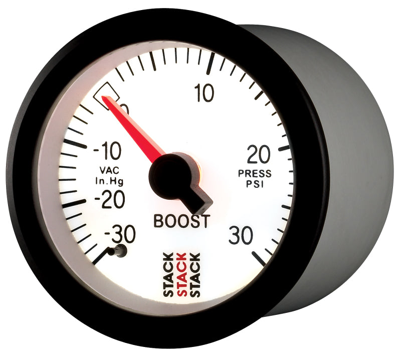 Autometer Stack 52mm -30INHG to +30 PSI (Incl T-Fitting) Mechanical Boost Pressure Gauge - White Gauges AutoMeter