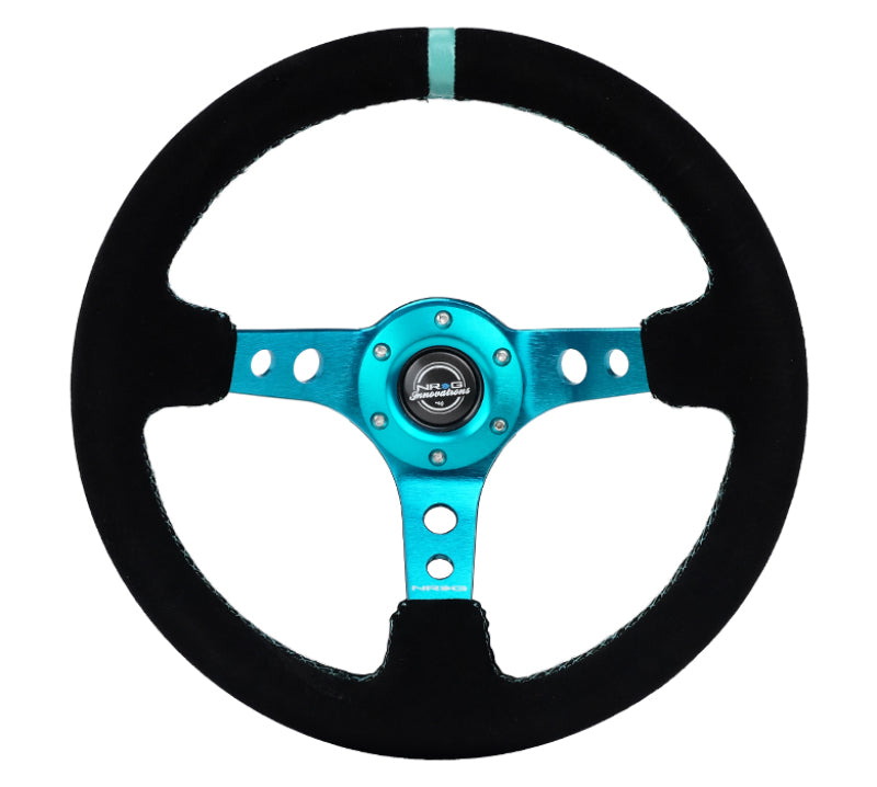 NRG Reinforced Steering Wheel (350mm/ 3in. Deep) Black Suede/ Teal Center Mark/ Teal Stitching Steering Wheels NRG
