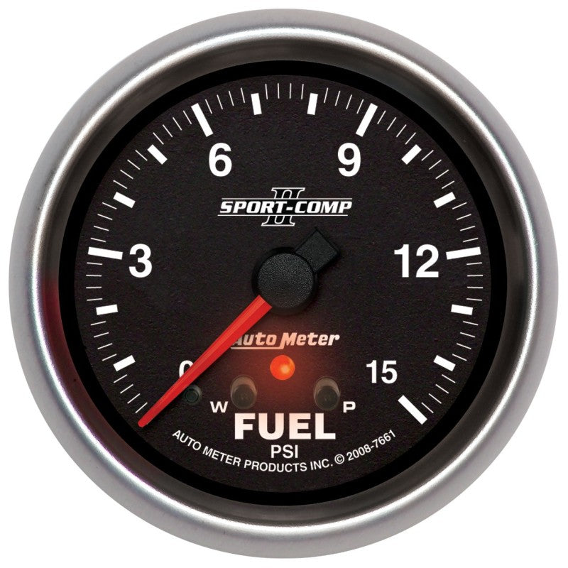 Autometer Sport-Comp II Fuel Pressure Gauge 2 5/8in 15PSI Stepper Motor w/ Peak & Warn Gauges AutoMeter