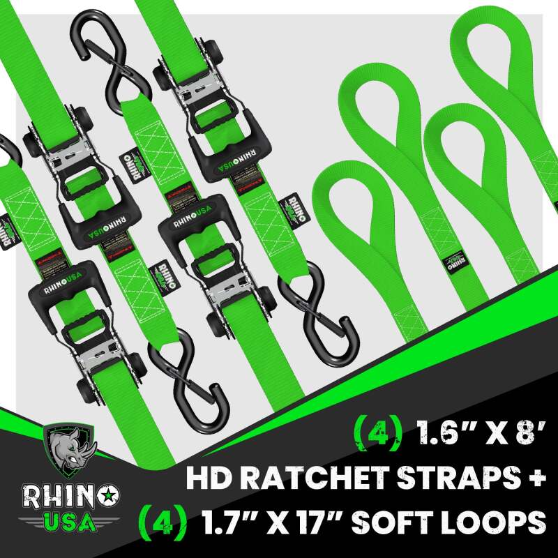 Rhino USA Heavy Duty Ratchet Tie-Down 4-Pack (Green) 1.6In X 8Ft Cargo Tie-Downs Rhino USA