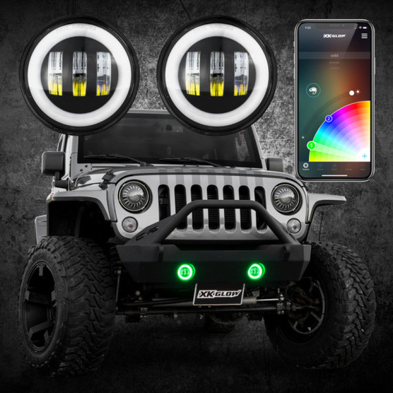 XK Glow 4In Black RGB LED Jeep Wrangler Fog Light XKchrome Bluetooth App Controlled Kit Light Accessories and Wiring XKGLOW