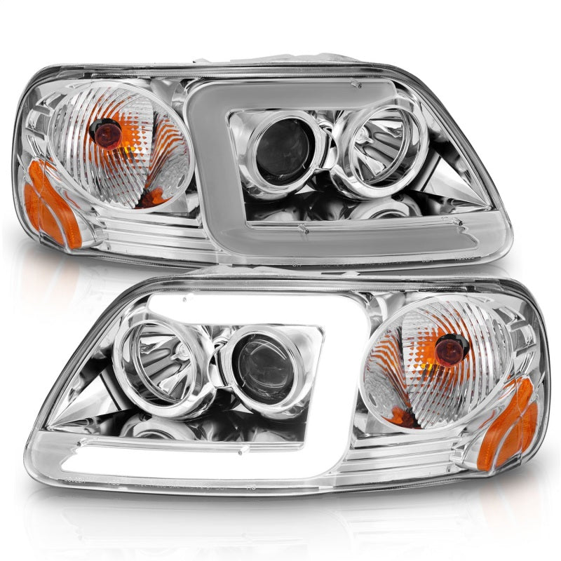 ANZO 1997-2003 Ford F-150 Projector Headlights w/ Light Bar Chrome Housing Headlights ANZO