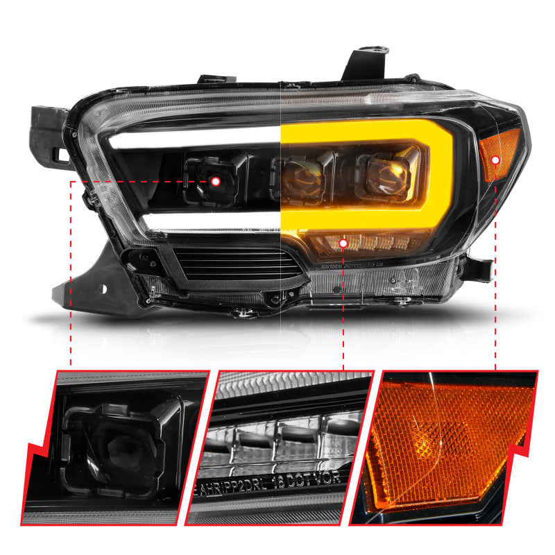 ANZO 16-22 Toyota Tacoma LED Projector Headlights w/ Light Bar Sequential Black Housing w/Initiation Headlights ANZO