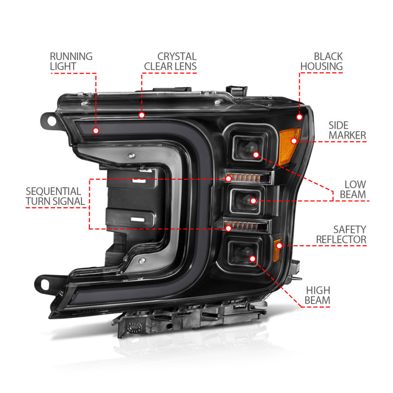 ANZO 18-20 Ford F-150 Full Led Projector Smoke Bar Style Headlights Black Amber Headlights ANZO