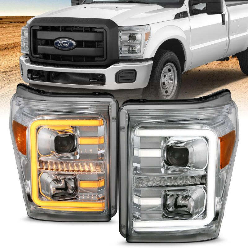 ANZO 11-16 Ford F-250/F-350/F-450 Projector Headlights w/ Plank Style Switchback Chrome w/Amber Headlights ANZO