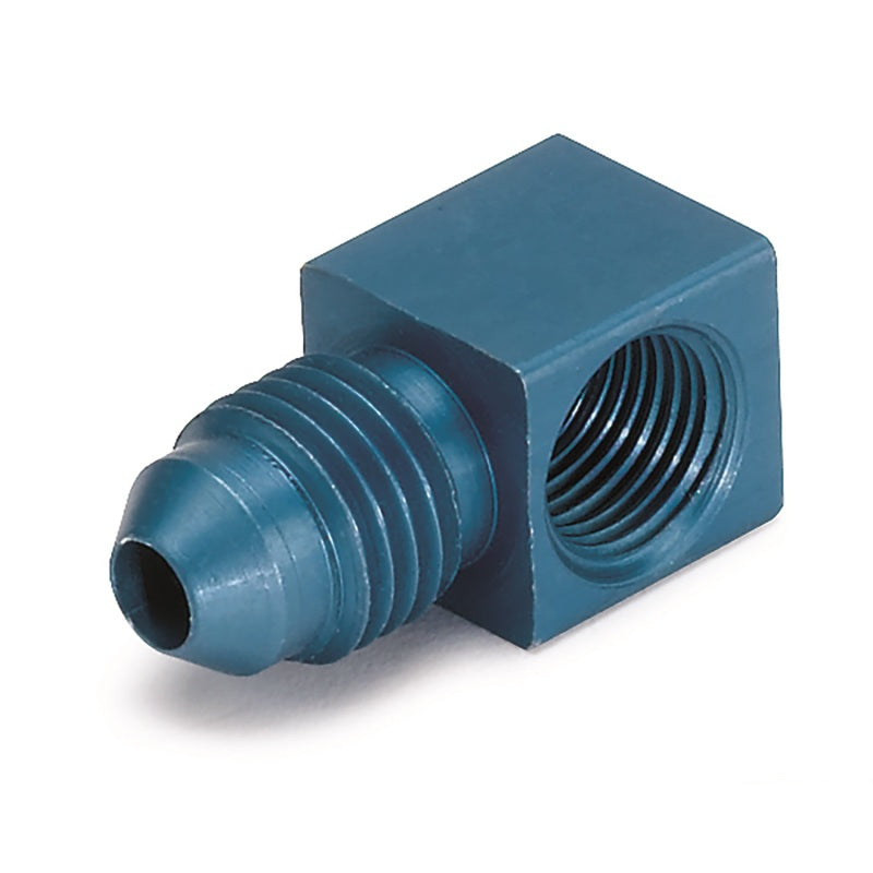AutoMeter Fitting Adapter 90 Deg. 1/8in. NPT Female To -4AN Male Aluminum Blue Anodized Gauges AutoMeter