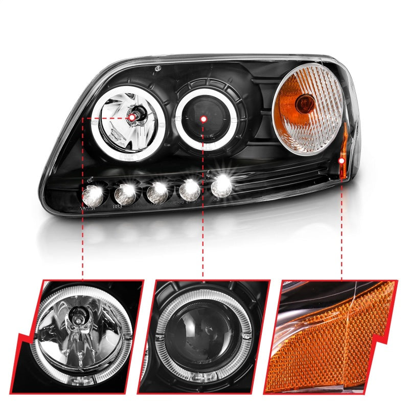 ANZO 1997.5-2003 Ford F-150 Projector Headlights w/ Halo and LED Black 1pc Headlights ANZO