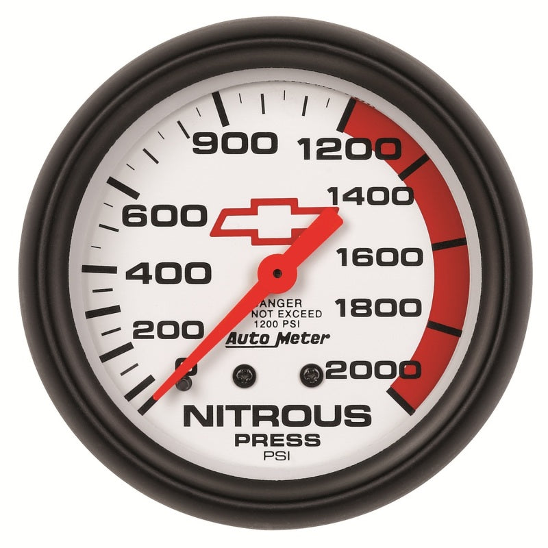 AutoMeter Gauge Nitrous Pressure 2-5/8in. 2000PSI Mechanical Chevy Red Bowtie White Gauges AutoMeter