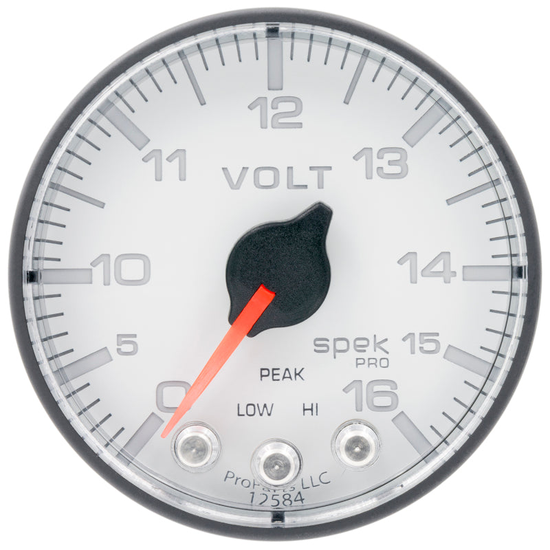 Autometer Spek-Pro Gauge Voltmeter 2 1/16in 16V Stepper Motor W/Peak & Warn Wht/Blk Gauges AutoMeter