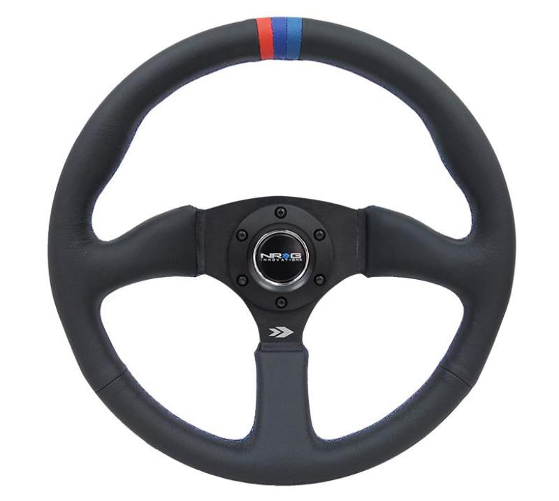 NRG Reinforced Steering Wheel (350mm / 2.5in Deep) Blk Leather w/M3 stitch Matte Blk 3-Spoke Center Steering Wheels NRG