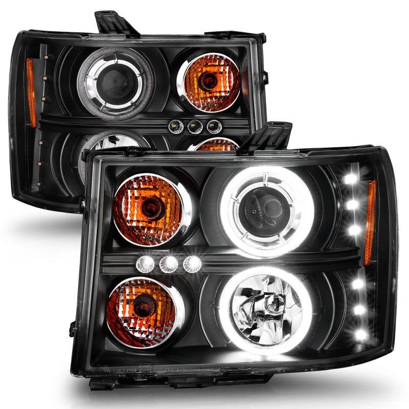 ANZO 2007-2013 GMC Sierra 1500 Projector Headlights w/ Halo Black Headlights ANZO