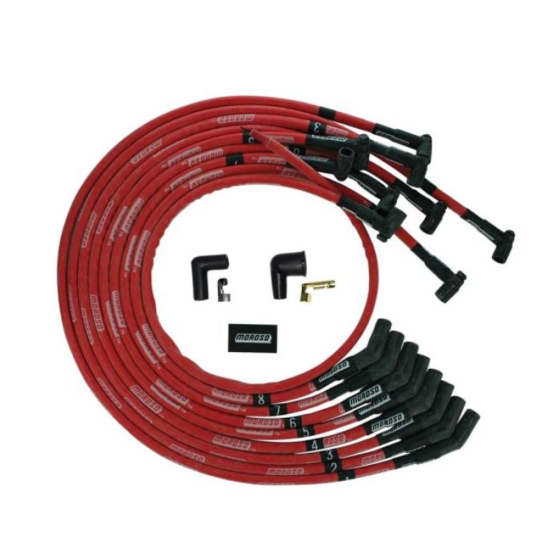 Moroso BBC Under Header 135 Deg Plug Boot HEI Sleeved Ultra Spark Plug Wire Set - Red Spark Plug Wire Sets Moroso