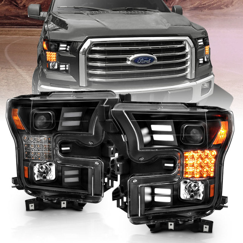 ANZO 15-17 Ford F-150 Project Headlights w/ Plank Style Design Black w/ Amber Sequential Turn Signal Headlights ANZO