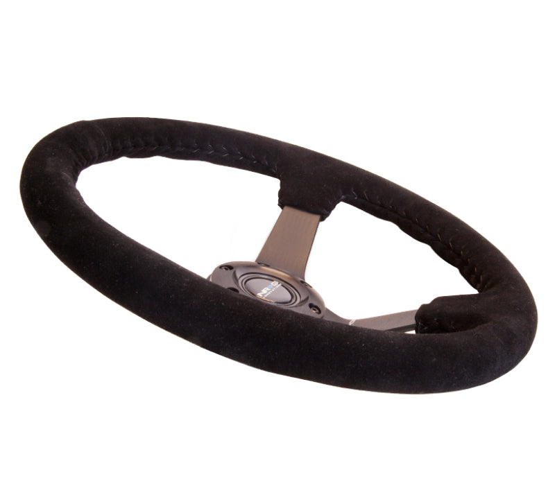 NRG Reinforced Steering Wheel (350mm / 3in. Deep) Blk Suede w/Blk BBall Stitch (Odi Bakchis Edition) Steering Wheels NRG
