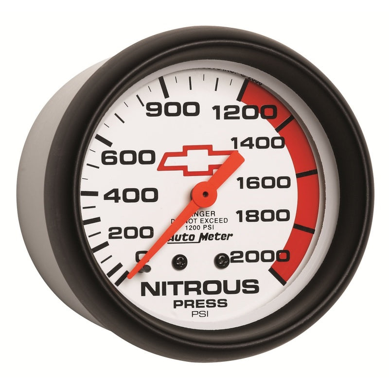 AutoMeter Gauge Nitrous Pressure 2-5/8in. 2000PSI Mechanical Chevy Red Bowtie White Gauges AutoMeter