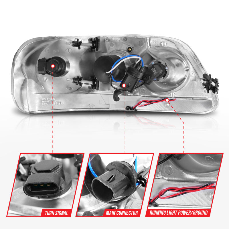 ANZO 1997-2003 Ford F-150 Projector Headlights w/ Light Bar Chrome Housing Headlights ANZO