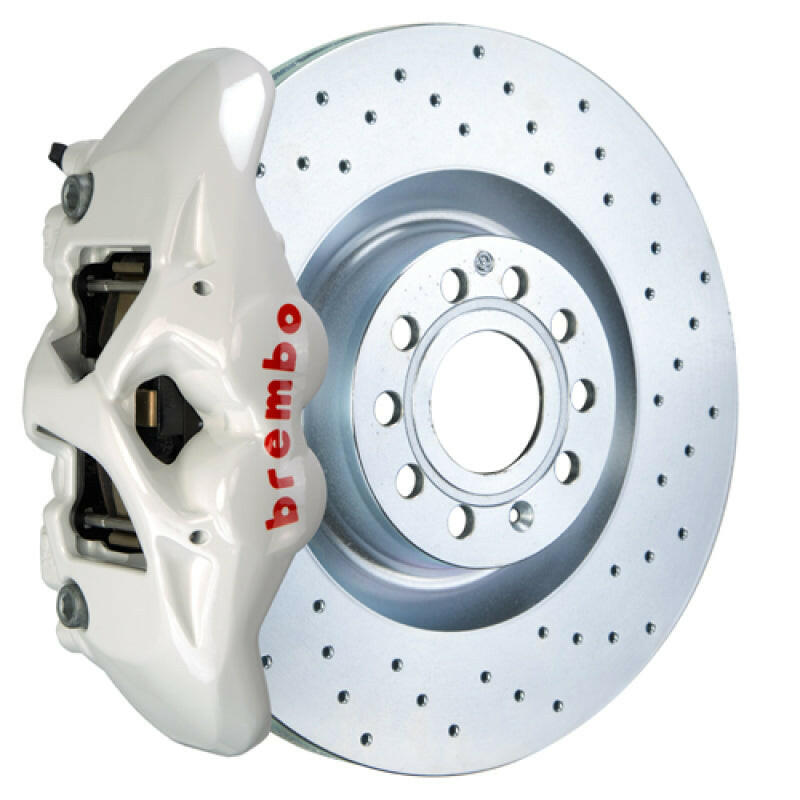 Brembo 05-10 Jetta GLI Front GT BBK 4 Piston Cast 345x30 1pc Rotor Drilled-White Brake Kits - Performance Slot Brembo