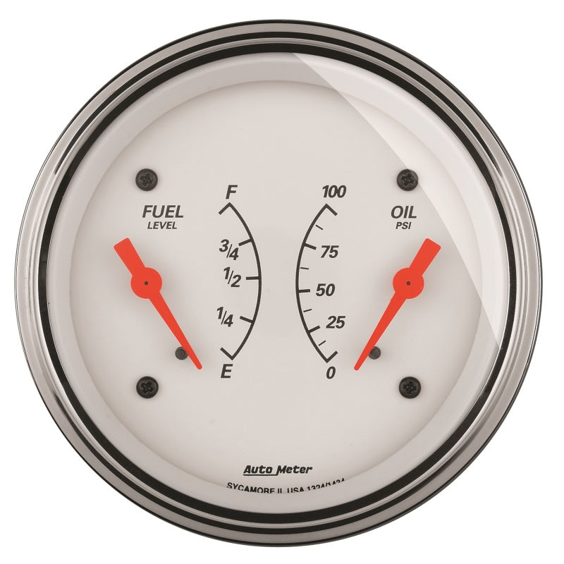 AutoMeter Gauge Dual Fuel & Oilp 3-3/8in. 240 Ohm(e) to 33 Ohm(f) & 100PSI Elec Arctic White Gauges AutoMeter